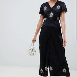 ASOS Design Wide Leg Jumpsuit with Floral Embroidery and Lace Inserts